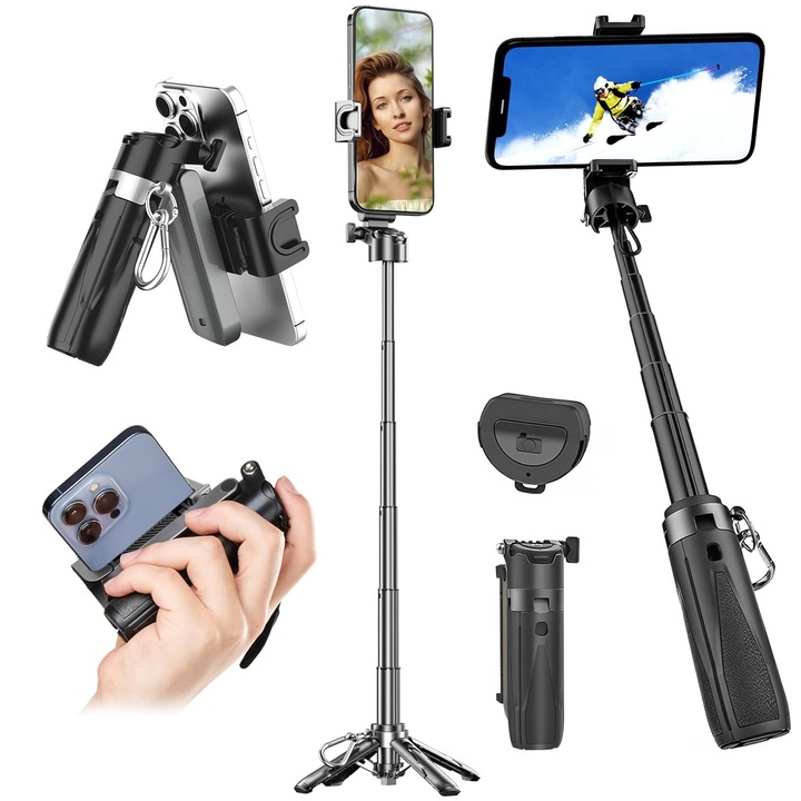 Mini Trepied Foto Telescopic pentru Telefon, BYONDSELF®, 12-41cm, Ultraportabil, cu Suport Telefon, Telecomanda Bluetooth, Suport Telefon, Pentru Selfie-uri, Fotografie, Transmisiuni Live