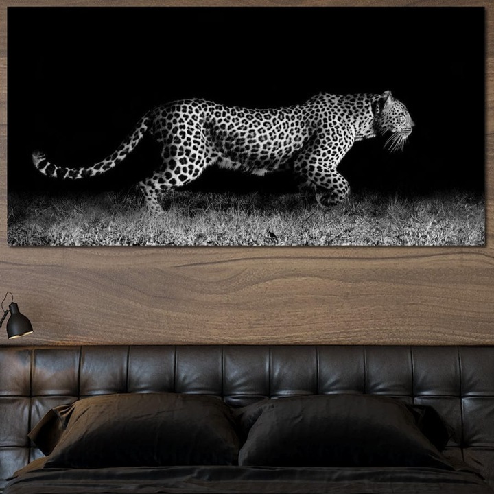 Премиум картина върху платно, LuxCanva® M1175, Невидимият крал, 50 X 100 см, 100% памучно платно 400 г/м2, дървена рамка, Ягуар, Нощно, Котешко, Лов, Животно, Дива природа, Джунгла, Черно и бяло, Улавяне, Власт, Офис, Хол, Детска стая