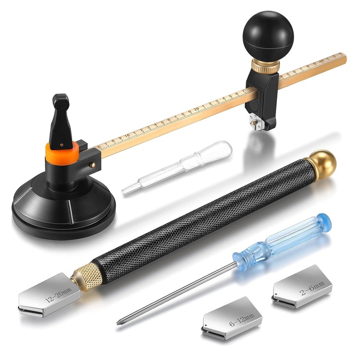 Диамантена пръчка за кръгло рязане на стъкло, Axroad Mall, Комплект диаманти с масло за рязане на стъкло, С отвертка, вендуза, 3 режещи глави, Ръчен, Три размера, Преносим, Издръжлив, Лесен за монтаж, Метален, Черен/Сребрист