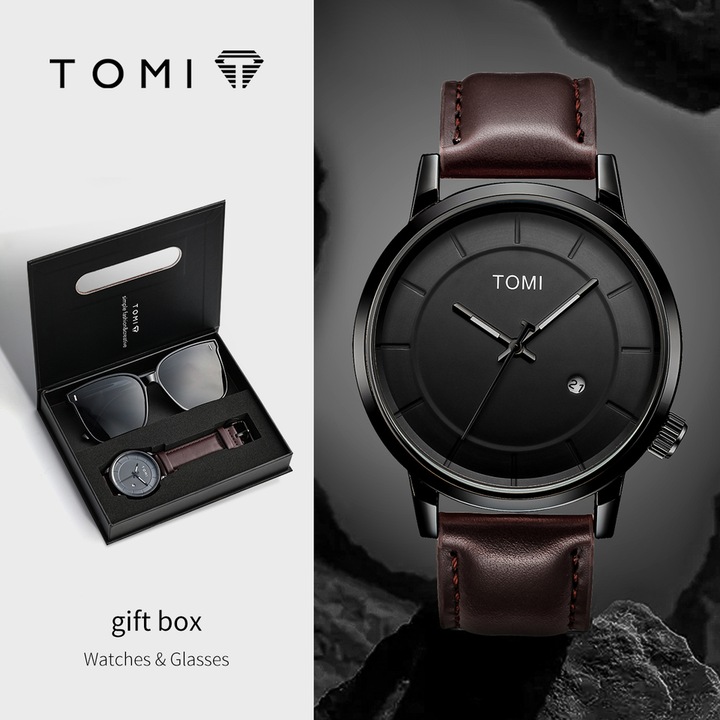 Ceas Barbatesc TOMI Quartz Casual – Design Rotund Elegant, Curea Piele, Cutie Cadou, 2 piese: Ceas si Ochelari de soare