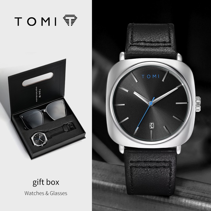 Ceas Barbatesc TOMI Quartz Casual – Design Patrat Elegant, Curea Piele, Cutie Cadou, 2 piese: Ceas si Ochelari de soare