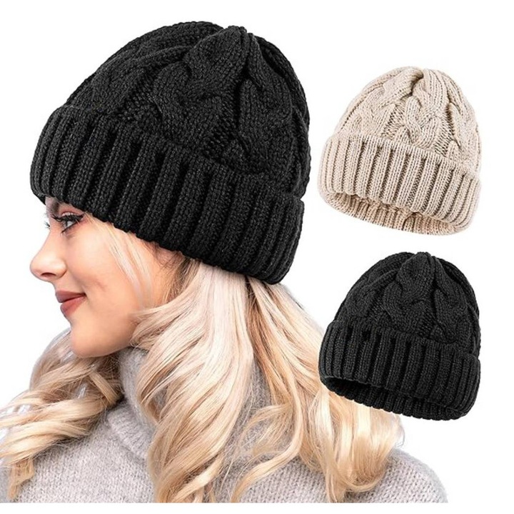 Téli sapka szett, 2 db, YSBER, univerzális méret, Tökéletes a mindennapi alkalmi viselethez, kutyasétáltatáshoz, utazáshoz, kempingezéshez, síeléshez és egyéb téli szabadtéri tevékenységekhez, Kötött, Többszínű