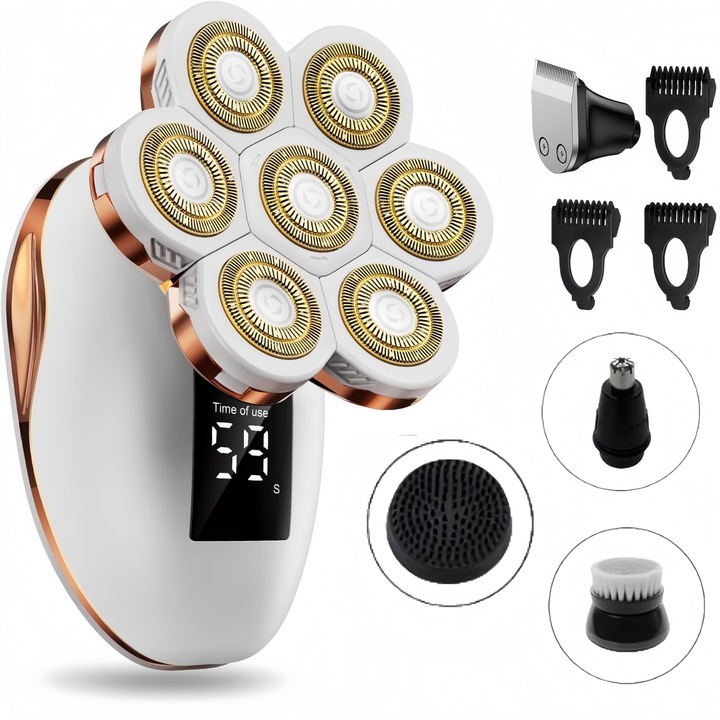 Електрически епилатор за жени MOSMAOO, 5-в-1 водоустойчив, Мокър/сух, 7D ротационен презареждащ се, Цифров дисплей, LCD дисплей, USB зареждане, Сменяеми приставки за лице, ръце, крака, Бял