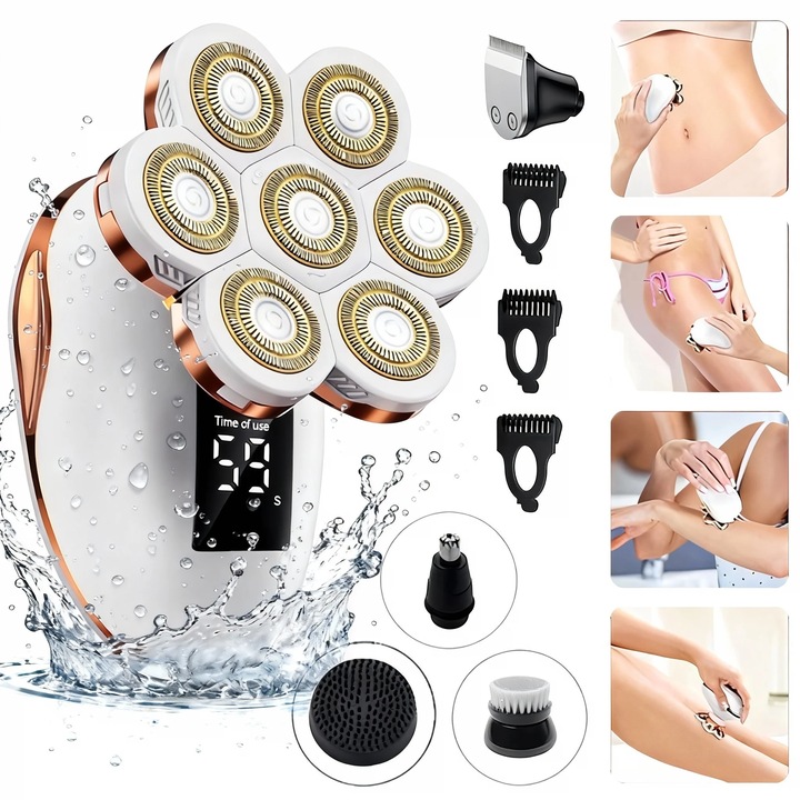 Електрически епилатор за жени 5-в-1 водоустойчив, MOSMAOO®, Мокър/сух, 7D ротационен презареждащ се, Цифров дисплей, LCD дисплей, USB зареждане, Сменяеми приставки за лице, ръце, крака, Бял