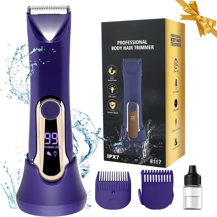 Мокър и сух епилатор, MOSMAOO®, USB, С база за зареждане, С LED светлина, Керамични дискове, Ръце, Крака, Подходящ за тример за лице, Ръце, Крака, Гръб, Подмишници и много други места, Виолетов