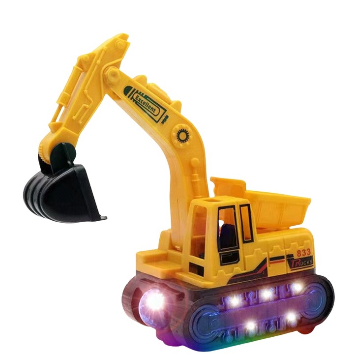 Excavator electric telecomandat pentru copii, cu muzica, lumini si transformare – jucarie educativa simulare constructii