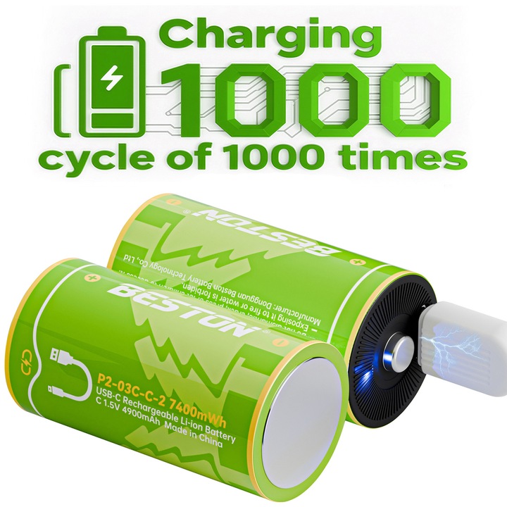 Set de 2 baterii reincarcabile USB-C acumulatori C, Li-ion Long Life 7400mWh, Incarcare rapida de 2 ore, Baterie litiu reutilizabila, Peste 1000+ de cicluri
