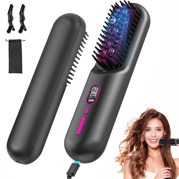 Placa de indreptat parul 2 in 1, MOSMAOO, Temperatura 120° C -230° C, Baterie de 9600 mAh, Incalzire Rapida 20s, Indreptare rapida, Ingrijire cu ioni, Portabila, Toate Tipurile de Par, Gri