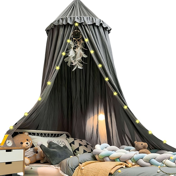Детски балдахин за легло, RorAem, Детски балдахин за легло с ДИАМЕТЪР 26 инча, ВИСОЧИНА 9,2 фута, ШИРИНА ОТДОЛУ 13 фута, Полиестер, Dreamlike, с гирлянди, Сив