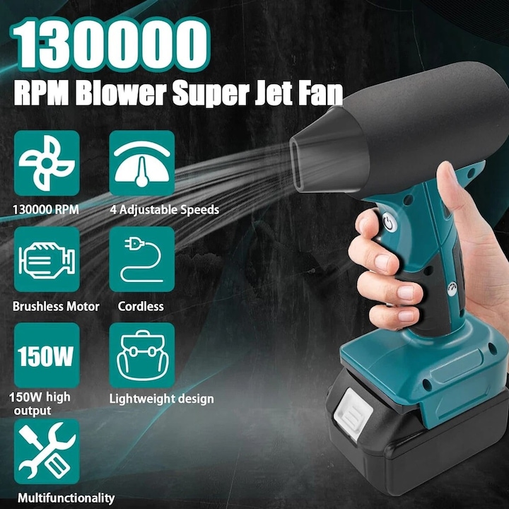 Преносима въздушна духалка, Topdii®, 18V, 180W, 130000 об/мин, 3 дюзи, 4 скорости, Ергономична дръжка, Син/Черен