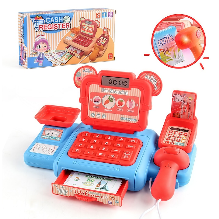 Casa de Marcat Jucarie + Scanner/Carduri/Bani Falsi » Set Supermarket Educativ pentru Copii 3+ Ani, Cadou Roluri Baieti/Fete（Rosu）