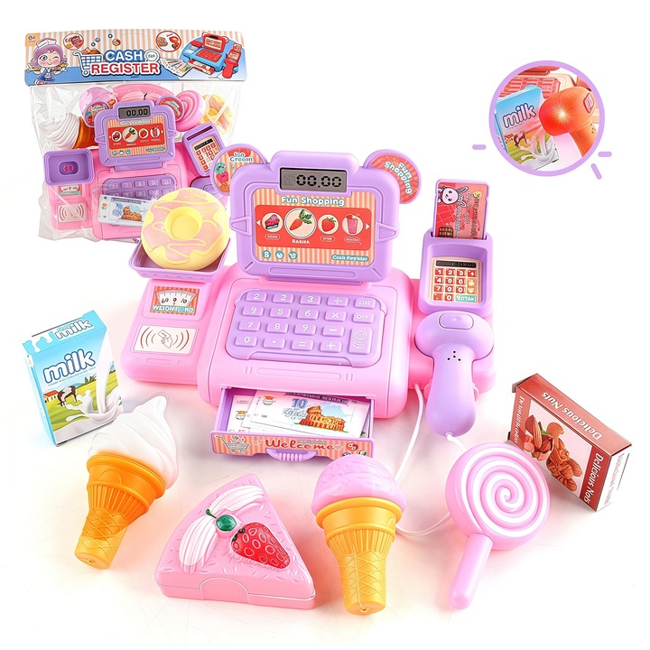 Casa de Marcat Jucarie + Scanner/Carduri/Bani Falsi » Set Supermarket Educativ pentru Copii 3+ Ani, Cadou Roluri Baieti/Fete（Violet）