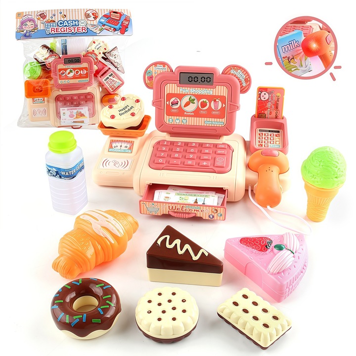 Casa de Marcat Jucarie + Scanner/Carduri/Bani Falsi » Set Supermarket Educativ pentru Copii 3+ Ani, Cadou Roluri Baieti/Fete（Maro）