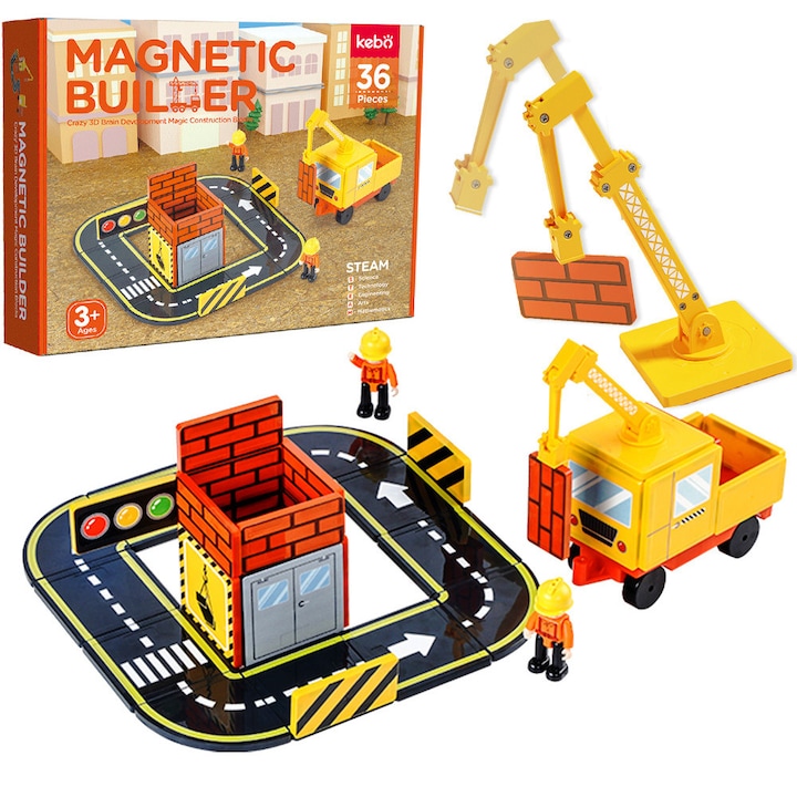 Set blocuri magnetice, Excitat®, Proiectare arhitecturala, 36 piese, macara, sasiu masina, 2 figuri muncitori constructii, 3+ ani