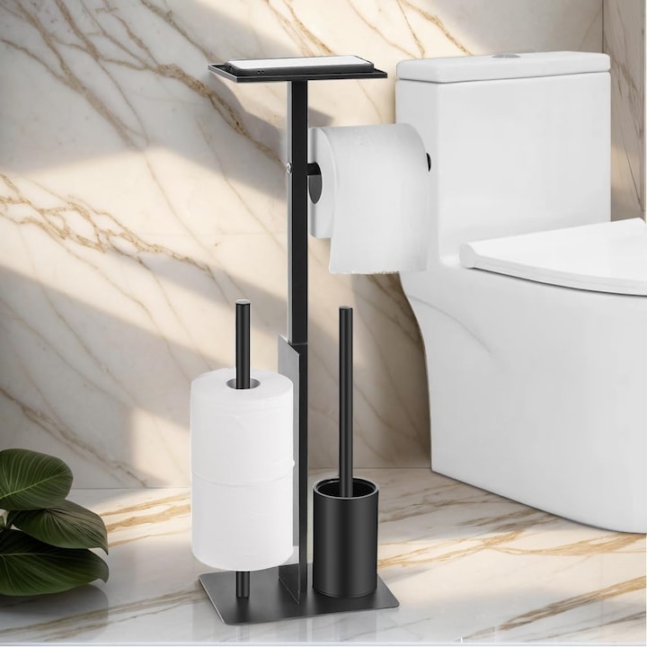Стойка за тоалетна хартия, lynker, 4 в 1, с четка, модерен дизайн, мултифункционална, кутия за съхранение, резерва за тоалетна хартия, четка за тоалетна, 60 x 22x 15 cm, метал, неръждаема стомана, черна