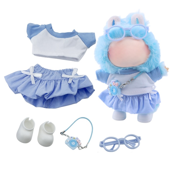 Labubu plüssfigura ruha szett, Kalap és Overál Szett 15 cm / 17 cm-es (a baba nem tartozék), 5 darabos szett, cipő, szemüveg, Kék