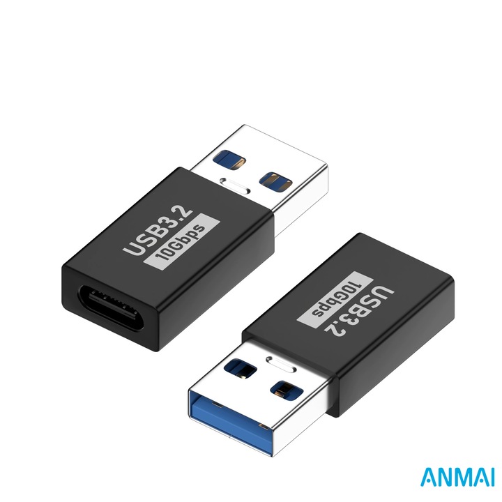 Adaptor bidirectional Anmai, USB C 3.1 3.2 mama la USB 3.0 tata, pentru Smartphone, Tableta, Laptop, alimentare si transfer de date, Compatibilitate universala, plug and play, Aluminiu, Negru