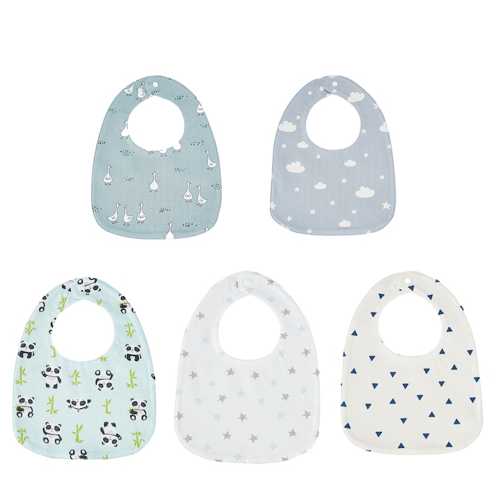 Set 5 bavete bebelusi, Axroad Mall, Usor de uscat, Design de buton, Dimensiune reglabila, moale, prietenos cu pielea, usor, respirabil, inofensiv, Preveniti sa saliva, Versatil, Bumbac 100%, 27*19.7cm, Multicolor