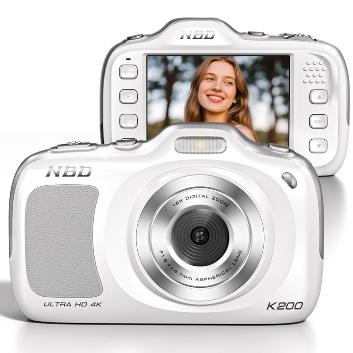 Aparat foto Digital NBD®, 4K, 64MP, Camera foto compacta de calatorie cu autofocus si zoom 16X, Alb