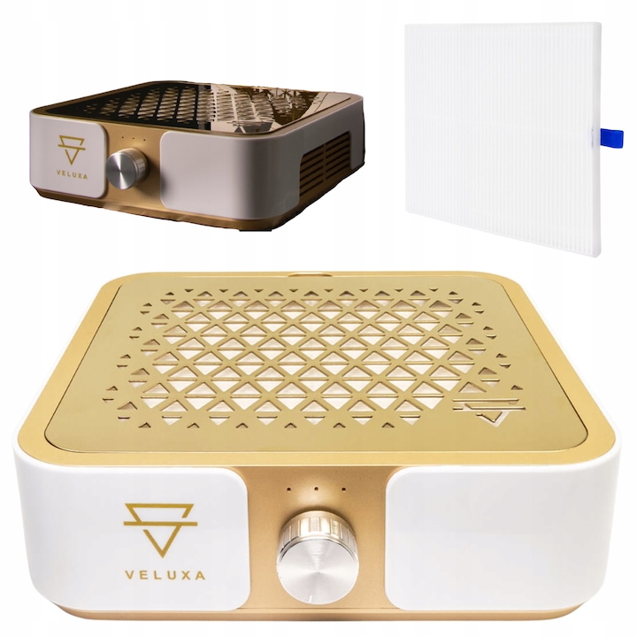 Aspirator Praf Unghii VELUXA Profesional 60W, Gold – Praf Colector Manichiura Caseta Fara Sac, Putere Mare, Silentios, Ideal pentru Salon, Ventilator Incorporat