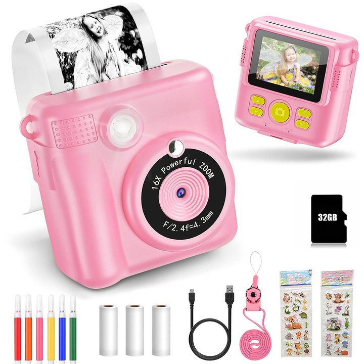 Детска фото/видео камера с моментален печат, селфи камера, 2.4-инчов IPS екран, 1080P видео, 16x увеличение, 32 GB TF карта, USB зареждане, включени стикери, розова