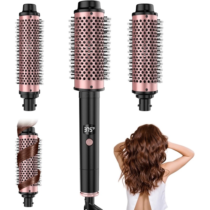 Електрическа четка за коса Hesasa®, 3 в 1, 3 сменяеми глави (1.2/1.5/1.75 инча), 5 температурни степени, LCD дисплей за температура, бързо нагряване, обем, къдрици, изправяне, йонизираща технология, за всички типове коса, черна