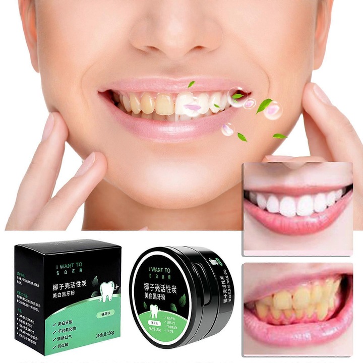 Aktív szénfehérítő fogpor 30g, fogmosás fogfehérítő por, foltok és foltok eltávolítása, fogfehérítő és probiotikus fogkrém