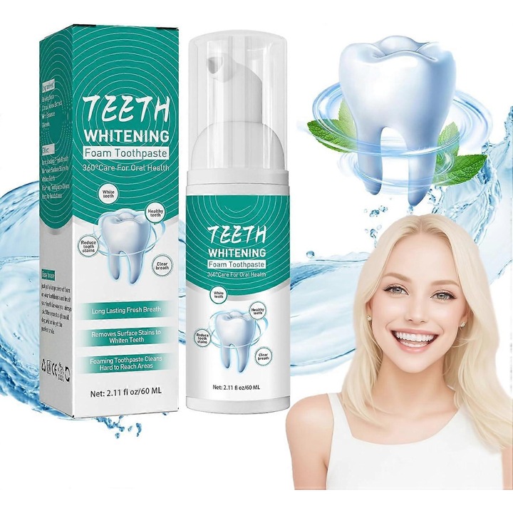 Fogak szájvíz, Gyógynövényes fehérítő szájjavító hab, Fogfehérítő szájvíz hab, Mélytisztító fogfehérítő fogkrém 1 db