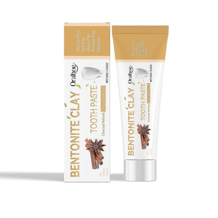 Bentonit fogkrém fahéjjal, 100 g Aktív szén fogkrém Fehér fogak fogkrém Erősíti az ínyt Mélytisztító Szájápolási fogkrém, Fresh 2db
