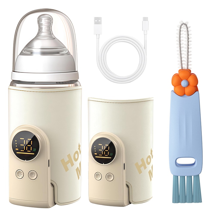 Hordozható cumisüveg melegítő, automata termosztáttal, 8000 mAh, 6 hőmérséklet-beállítás (38–50°C), LCD kijelző, folyamatos fűtés, tökéletes éjszakai etetéshez, utazáshoz, kiránduláshoz, vezetéshez, cumisüveg kefével, bézs