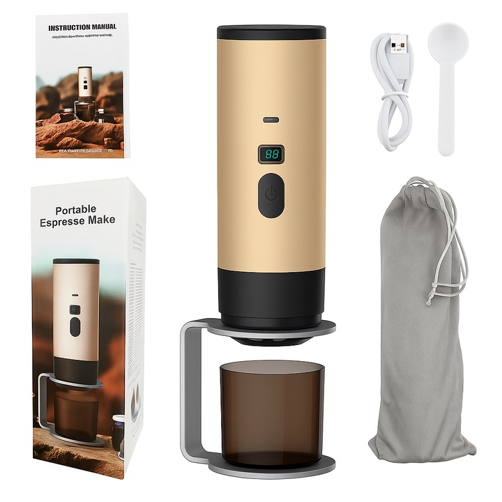 Преносима кафемашина 15 бара италианска екстракция, безжично нагряване 7800mAh, едно устройство три режима: прах, капсули Nespresso и Dolce Gusto, цвят шампанско