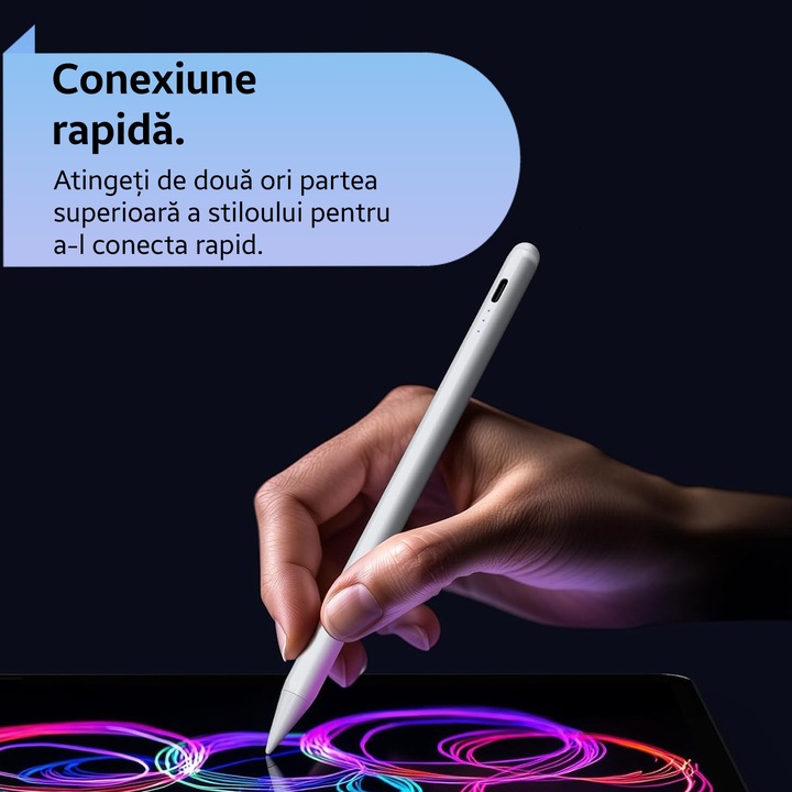 Stylus pen Nova Pen Pro pentru Apple iPad 2018–2024, USB-C, palm rejection, pornire tactila, inclinare, magneti dubli, incarcare rapida, 8h autonomie, compatibil iPad Pro 11"(1st-4th/M4), 12.9"(3rd-6th), Air 3/4/5/M2, Mini 5/6, iPad 6–10, Alb