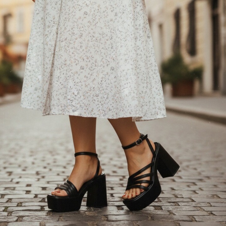 Sandale elegante cu platforma si toc gros 1140negru 119454, Negru