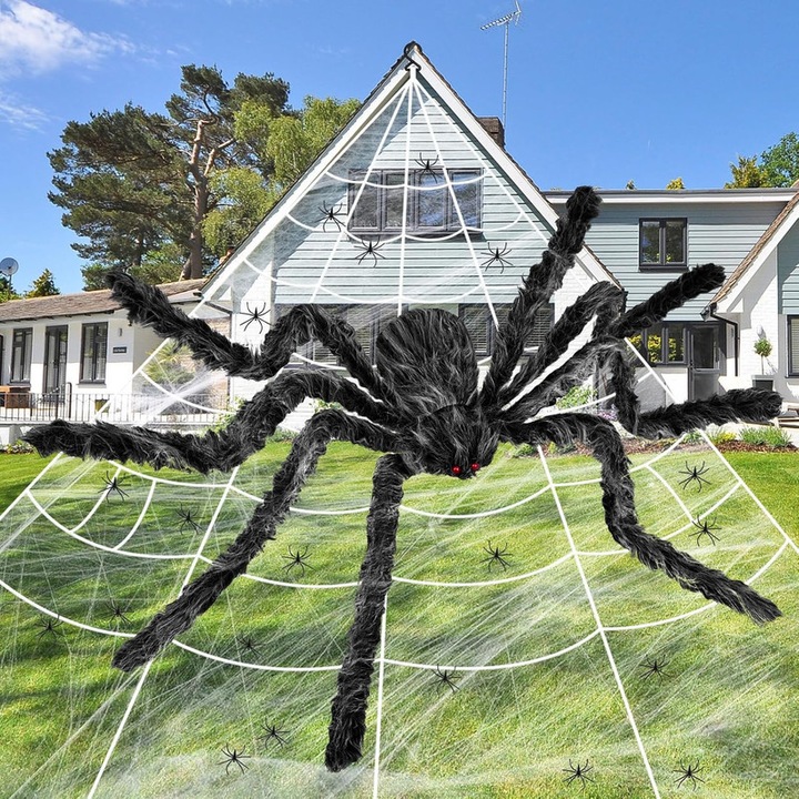 Set decoratiune de Halloween, Mega panza triunghiulara suspendata de 500 cm, paianjen gigant cu ochi rosii din nailon de 150 cm, 20 de mini paianjeni triunghiulari Pentru decorarea cu tematica horror