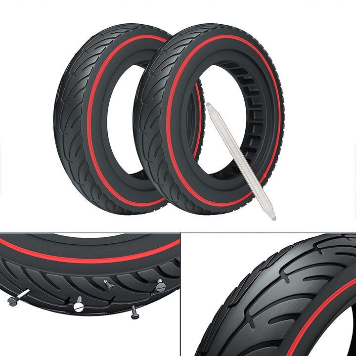 Set 2 anvelope solide 8.5 inch pentru trotinete electrice, elasticitate crescuta, Compatibil cu Xiaomi Mijia M365/pro/pro2/1s, negru/rosu