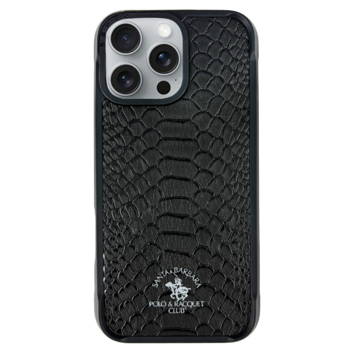 iPhone 16 Plus tok, Santa Barbara Polo & Racquet Club Knight, fekete, ökológikus bőr, MagSafe kompatibilis, ütésálló