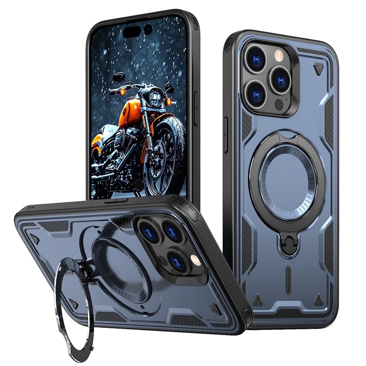 Калъф за Apple iPhone 15 Pro Daden® Hybrid Armor, MagRing, Удароустойчив, MagSafe, Въртящ се пръстен, Премиум качество, Син