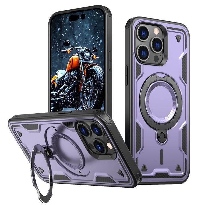 Калъф за Apple iPhone 15 Pro Daden® Hybrid Armor, MagRing, Удароустойчив, MagSafe, Въртящ се пръстен, Премиум качество, Лилав