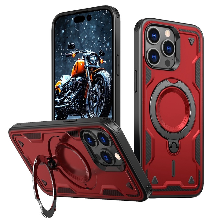 Калъф за Apple iPhone 15 Pro Daden® Hybrid Armor, MagRing, Удароустойчив, MagSafe, Въртящ се пръстен, Премиум качество, Червен