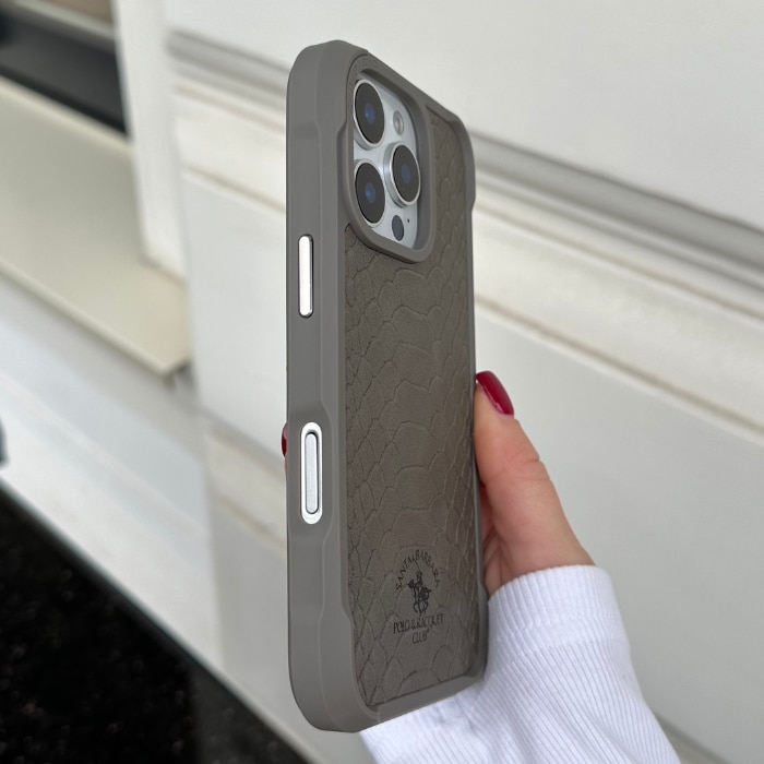 Husă Din Piele, Santa Barbara Polo & Racquet Club, Pentru Cu iPhone 16 Pro Max, Gri, Magsafe, Textură Premium, Protecție Ecran, Colțuri Întărite, Logo Elegant, Butoane Responsive, Lux
