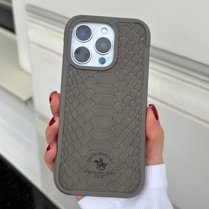 Husă Din Piele, Santa Barbara Polo & Racquet Club, Pentru Cu iPhone 16 Pro Max, Gri, Magsafe, Textură Premium, Protecție Ecran, Colțuri Întărite, Logo Elegant, Butoane Responsive, Lux