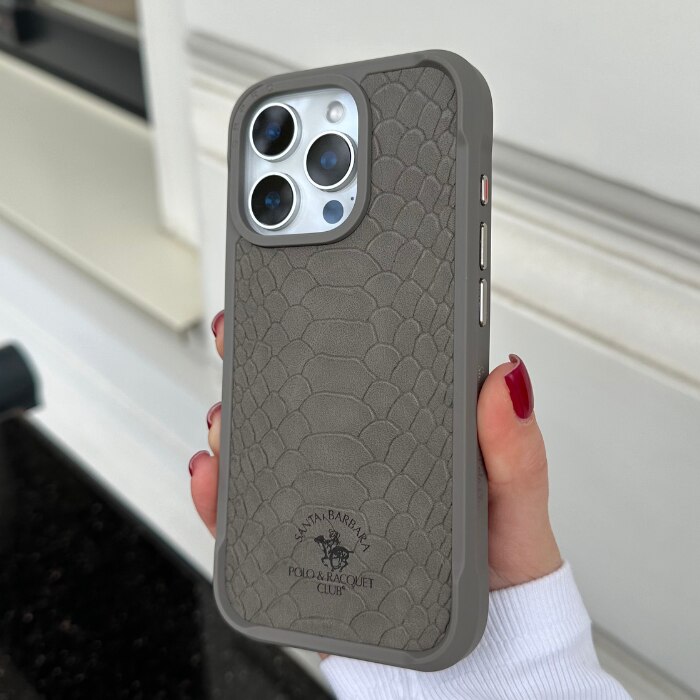 Husă Din Piele, Santa Barbara Polo & Racquet Club, Pentru Cu iPhone 16 Pro Max, Gri, Magsafe, Textură Premium, Protecție Ecran, Colțuri Întărite, Logo Elegant, Butoane Responsive, Lux
