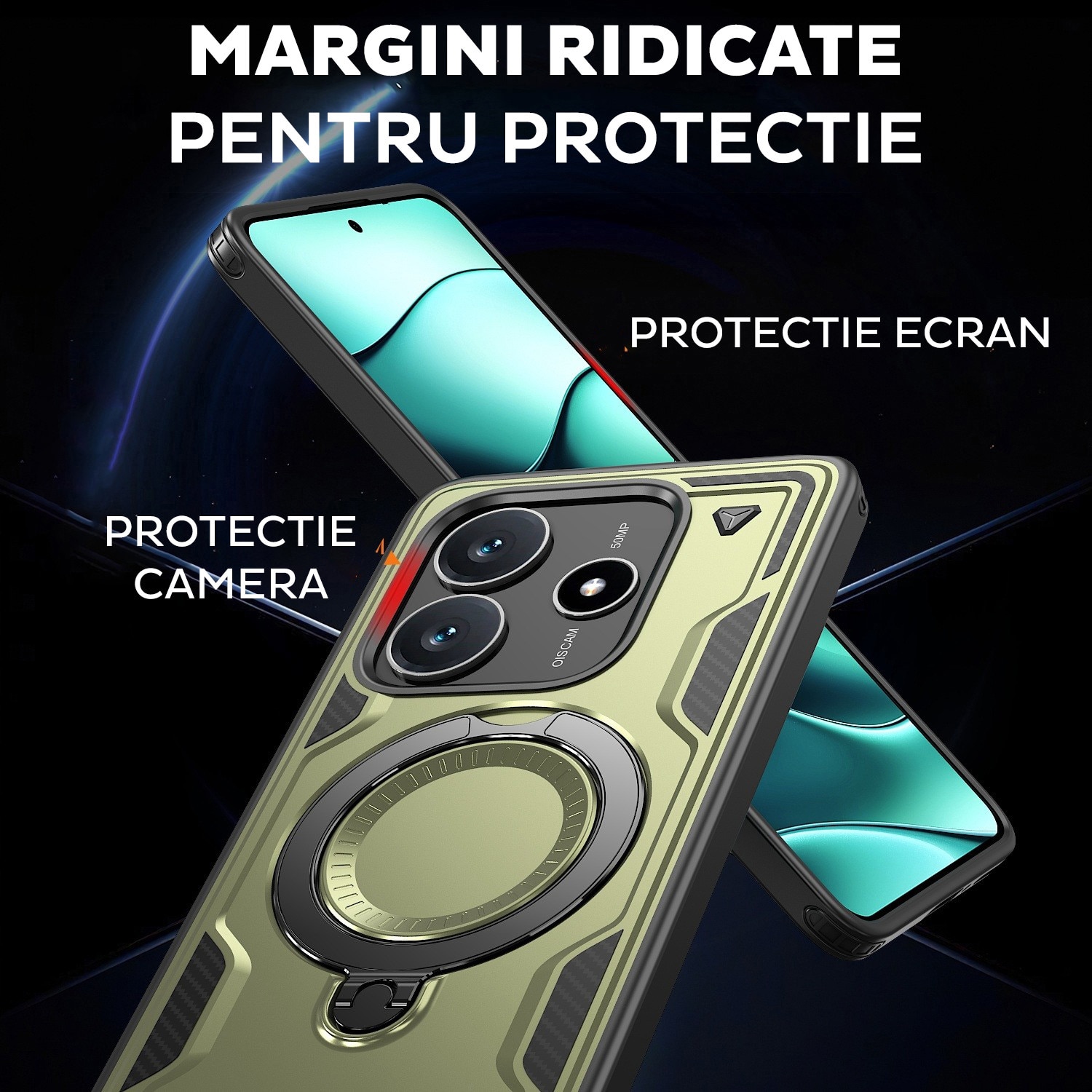 Husa pentru Xiaomi Redmi Note 14 4G Daden® Hybrid Armor, MagRing, Antisoc, MagSafe, Inel rotativ, Calitate Premium, Verde