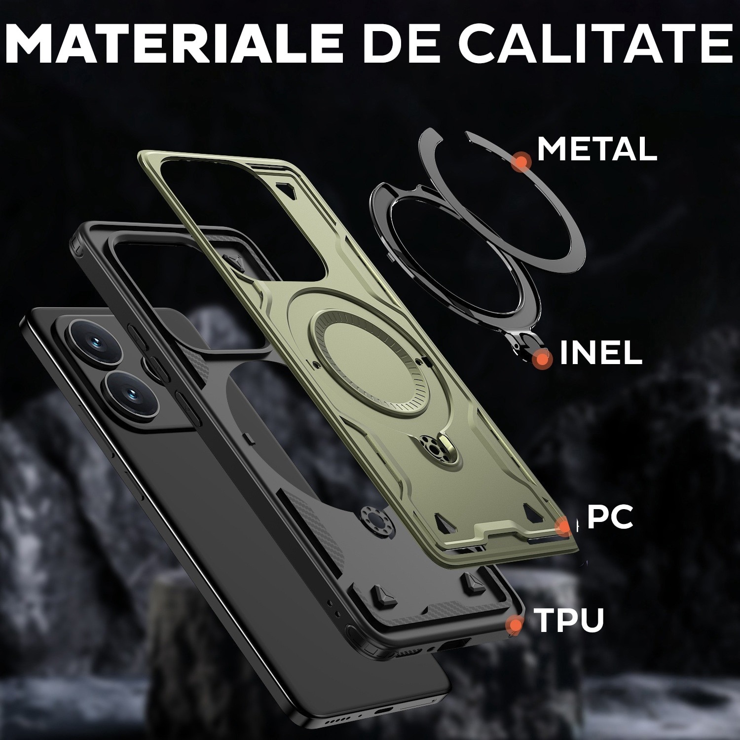 Husa pentru Xiaomi Redmi Note 14 4G Daden® Hybrid Armor, MagRing, Antisoc, MagSafe, Inel rotativ, Calitate Premium, Verde