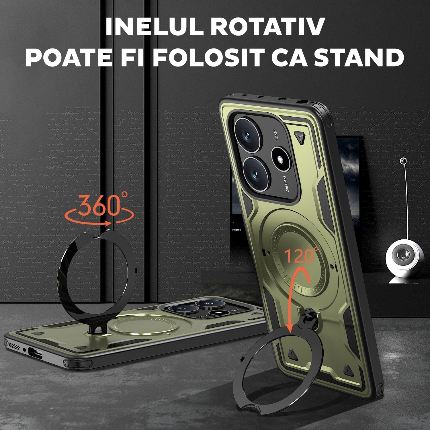 Husa pentru Xiaomi Redmi Note 14 4G Daden® Hybrid Armor, MagRing, Antisoc, MagSafe, Inel rotativ, Calitate Premium, Verde