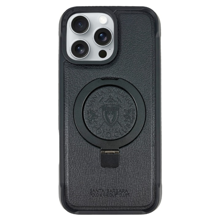 Prémium iPhone 16 tok Santa Barbara Polo & Racquet Club Primo fekete, MagSafe kompatibilis, kihangosító állvánnyal, mágneses gyűrűvel