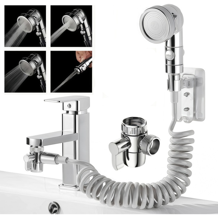 Adaptor Pentru Robinet de Baie si Bucatarie, HaploS®, Adaptor flexibil,, Multifunctional, Aerator, Dus multifunctional, Argintiu