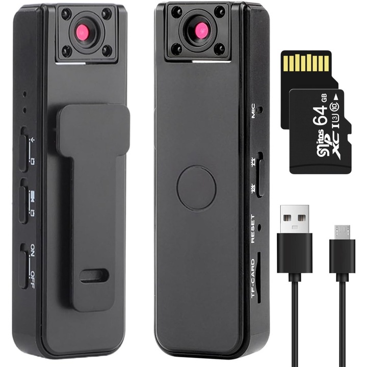 Mini wifi kamera, HaploS, Full HD 1080P rendőrségi testkamera, éjjellátó, 180 fokban forgatható objektív, újratölthető, 64 GB-os ultragyors memóriakártyával, fekete