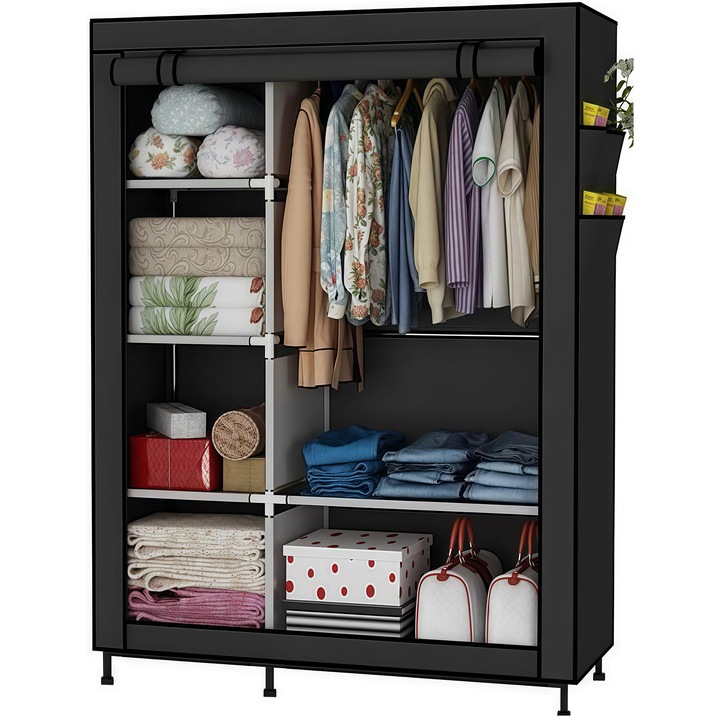 Платнеен гардероб, Wacorresi, Сгъваем текстилен гардероб за дрехи с метална опора, Удебелен нетъкан материал, 16 мм стоманена тръба, голям капацитет, напълно прахоустойчив, 105x45x168 см, черен