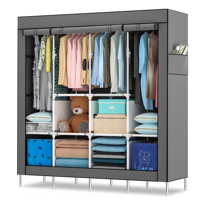 Платнеен гардероб, Wacorresi, Сгъваем текстилен гардероб за дрехи с метална опора, рафтове, 16 мм стоманена тръба, удебелен нетъкан материал, голям капацитет, напълно прахоустойчив, 170x45x170 см, сив